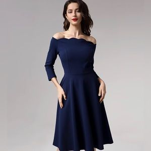 Vintage Cocktail Party Half Sleeve Scalloped Boat Neck Swing Dress XXL